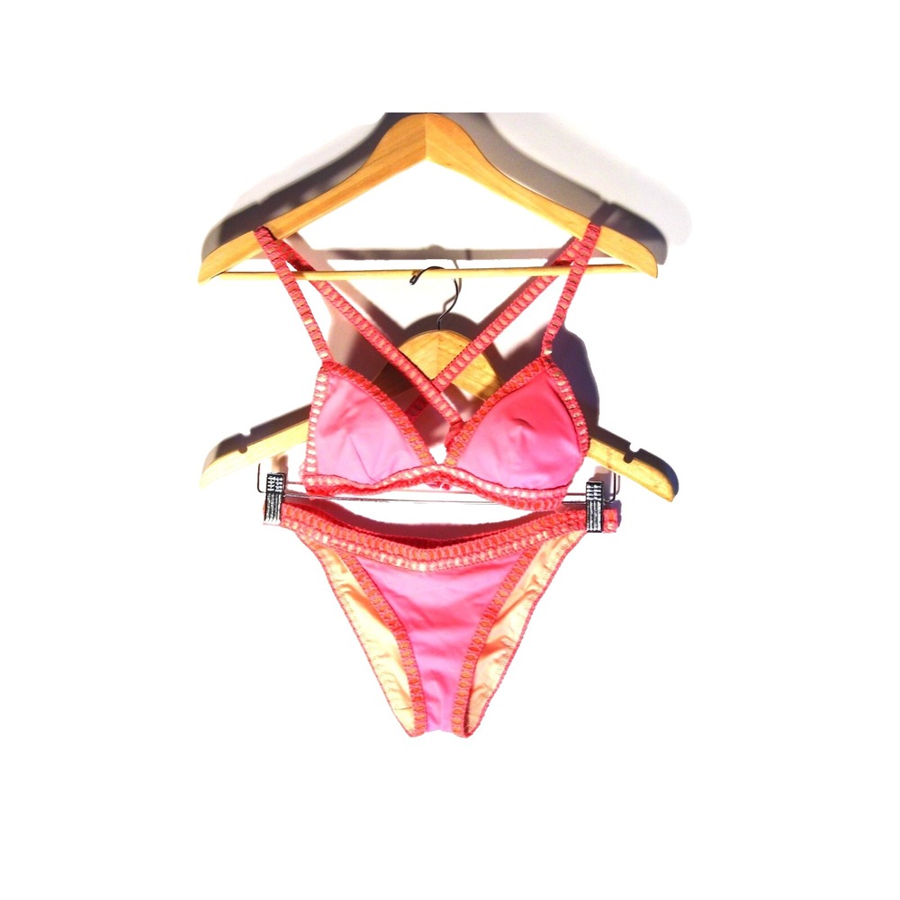 Victoria Secret Women S Hot Pink Triangle Crochet TRIM Top & Bottoms Boho Beachy